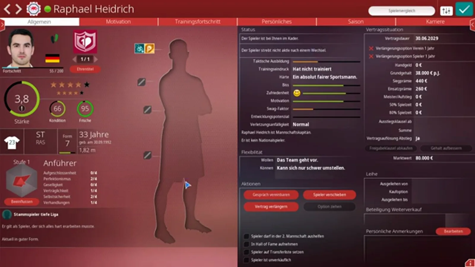 Player profile of Raphael Heidrich with the Anführer character badge, a Stärke circle of 3.8 and the note that he is Mannschaftskapitän