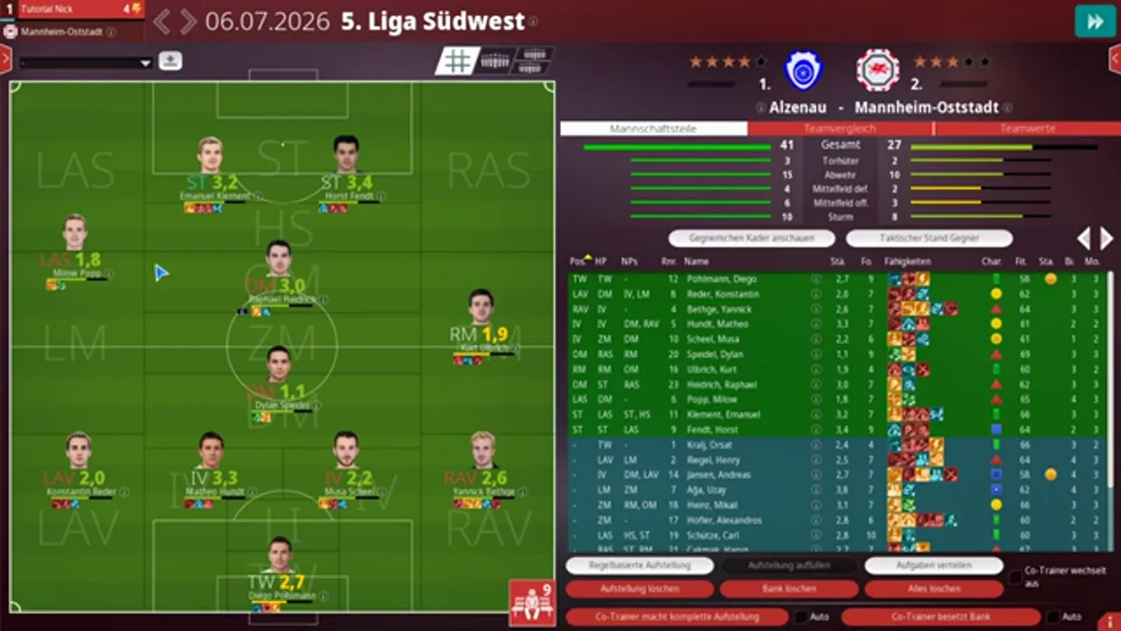 Position zone labels such as LAS, ZM and RAV overlaid on the pitch while Milow Poppi sits on the zone border at a rating of 1.8