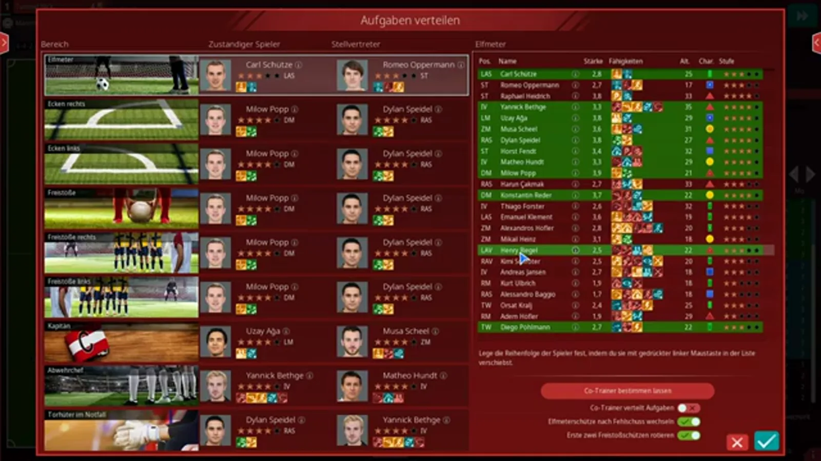 Aufgaben verteilen dialog listing Elfmeter through Freistöße with Carl Schütze as penalty taker, Romeo Oppermann as deputy and the green order list on the right