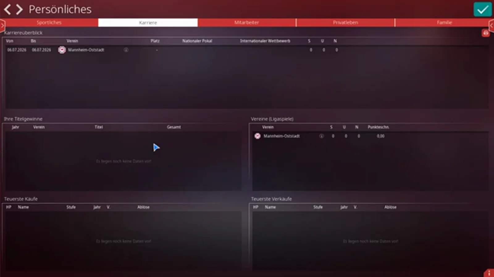 Der Reiter Karriere in WE ARE FOOTBALL 2027 mit Karriereübersicht, Ihren Titelgewinnen, der Punkteschnitt-Tabelle Vereine (Ligaspiele) sowie den noch leeren Listen Teuerste Käufe und Teuerste Verkäufe