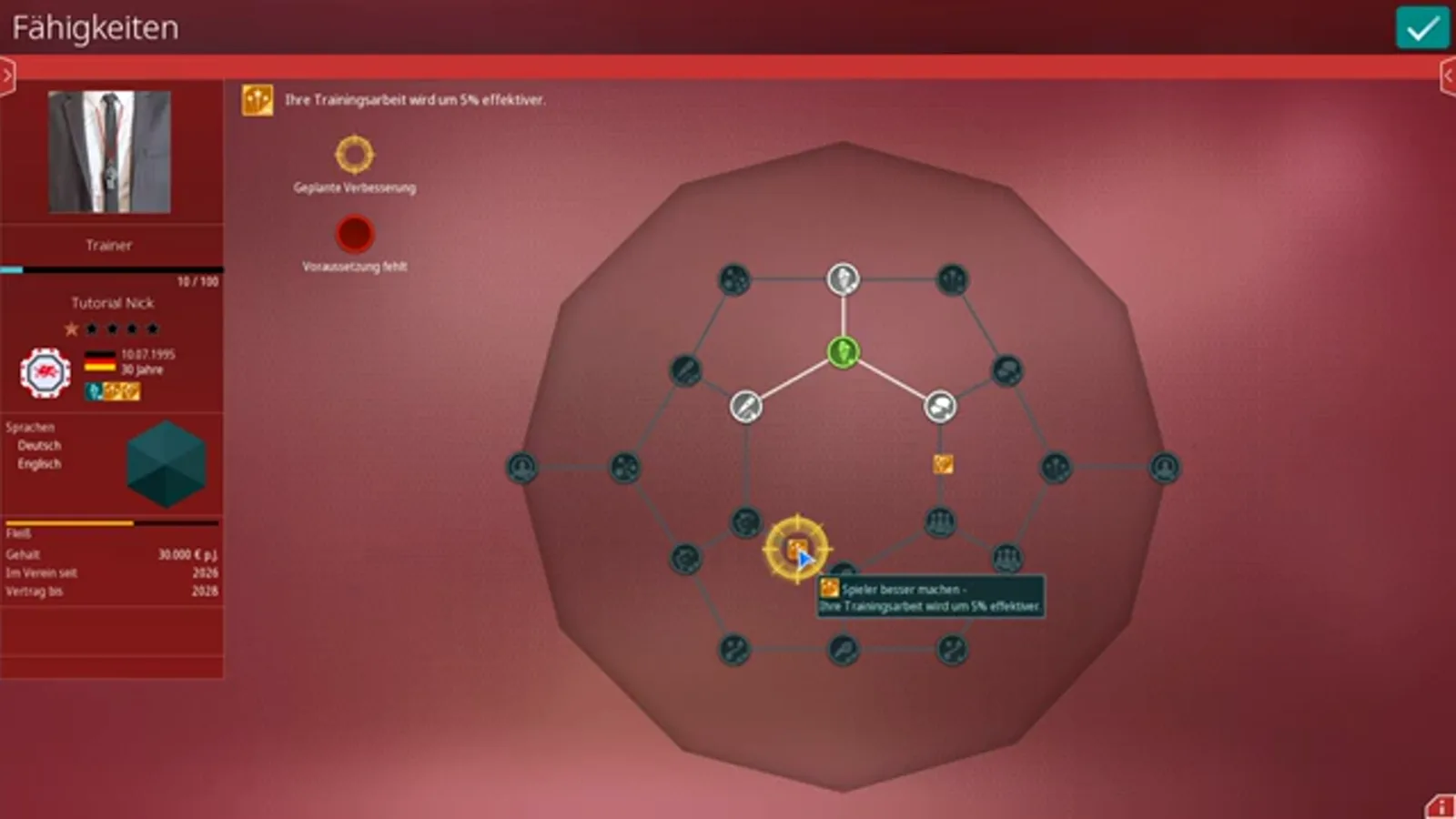 Der Fähigkeitenbaum des Trainers in WE ARE FOOTBALL 2027 mit Knotennetz, der Legende Geplante Verbesserung und Voraussetzung fehlt sowie dem Tooltip der Eigenschaft Spieler besser machen mit 5 % Effekt