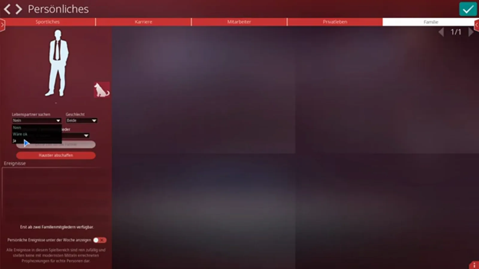 Der Reiter Familie in WE ARE FOOTBALL 2027 mit geöffnetem Dropdown Lebenspartner suchen auf Ja, Geschlecht Beide, dem Knopf Haustier abschaffen und dem Hinweis, dass alle Ereignisse rein zufällig sind