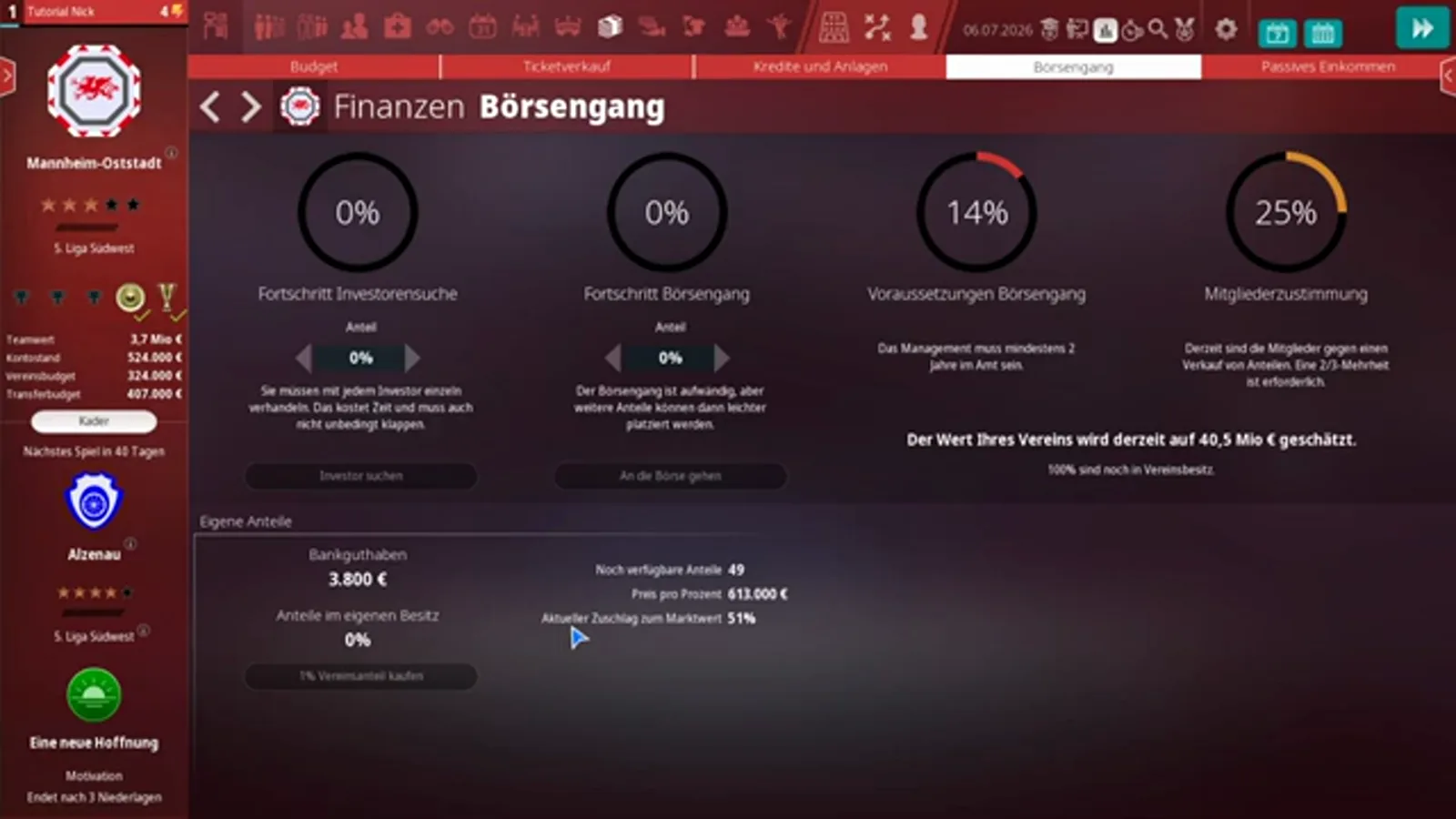 Der Börsengang-Bildschirm in WE ARE FOOTBALL 2027: Vereinswert 40,5 Mio €, Preis pro Prozent 613.000 €, aktueller Zuschlag zum Marktwert 51 %, unten Eigene Anteile mit 3 % Verkaufsgebühr
