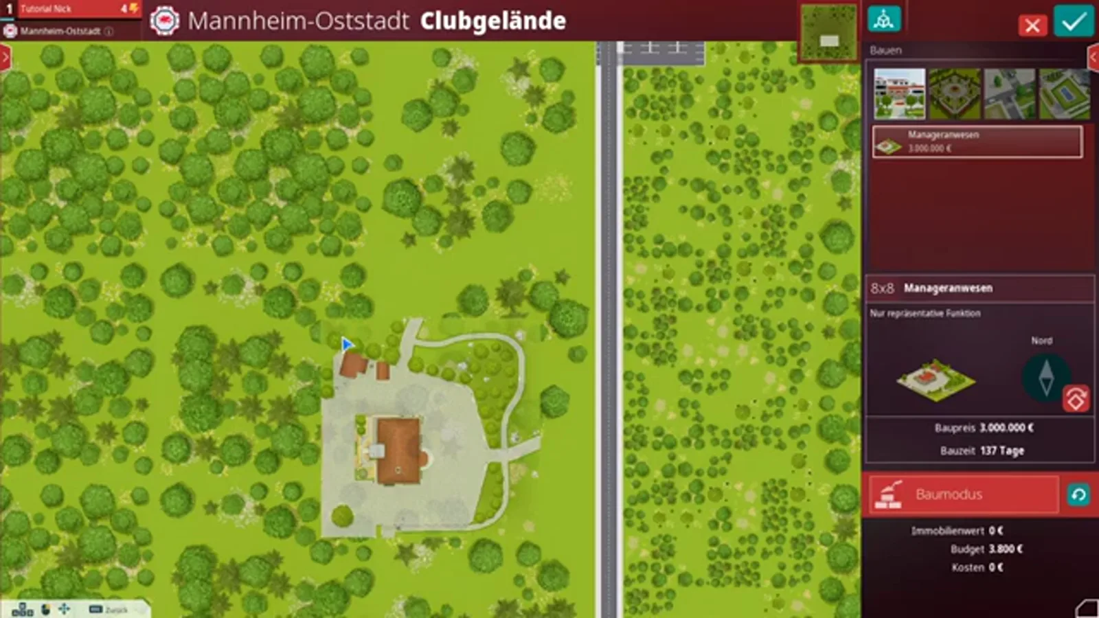 Der Baumodus auf dem Clubgelände in WE ARE FOOTBALL 2027: das 8x8-Manageranwesen für 3.000.000 € mit 137 Tagen Bauzeit und dem Hinweis Nur repräsentative Funktion