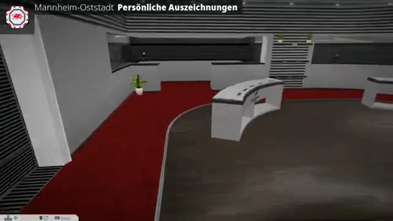 Der Raum Persönliche Auszeichnungen in WE ARE FOOTBALL 2027, in dem Trophäen, Titel und Zertifikate einer Trainerkarriere ausgestellt werden — zu Beginn noch leer