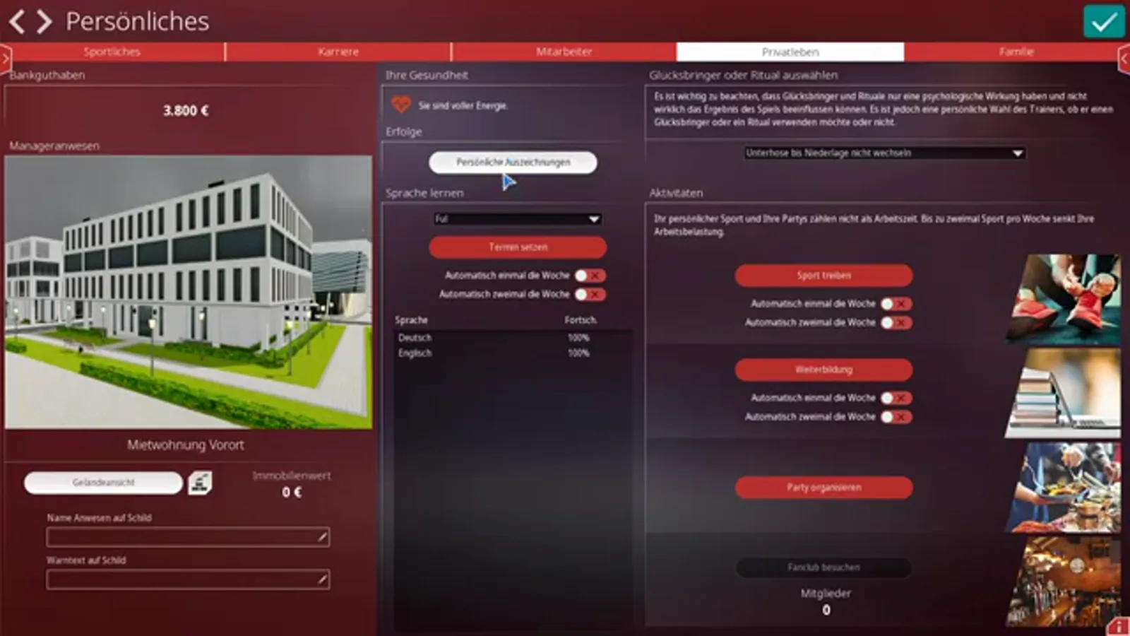 Der Reiter Privatleben in WE ARE FOOTBALL 2027 mit dem Status Sie sind voller Energie, dem Sprache-lernen-Panel mit Deutsch und Englisch auf 100 %, dem Glücksbringer-Hinweis und den Aktivitäten Sport treiben, Weiterbildung und Party organisieren