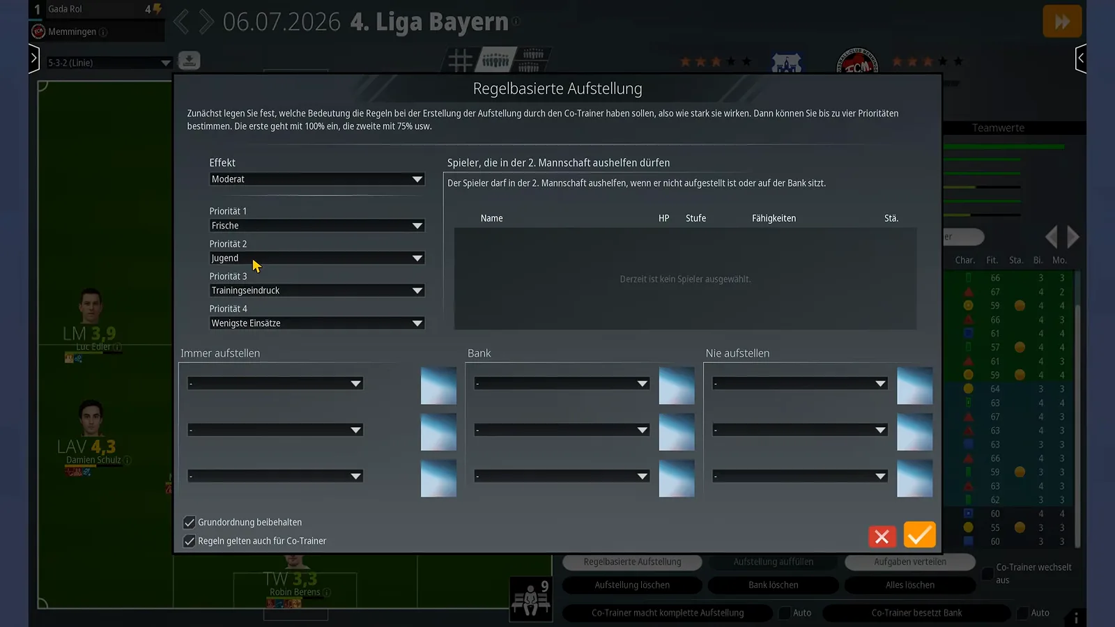 Rule-based lineup dialog in WE ARE FOOTBALL 2027 with four priorities from freshness to fewest appearances and the effect set to moderate