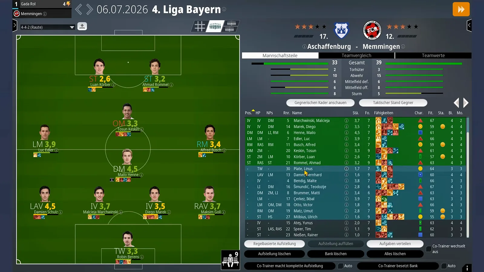 4-4-2 diamond formation tokens with ratings on the pitch in WE ARE FOOTBALL 2027 beside a team comparison showing 33 versus 39