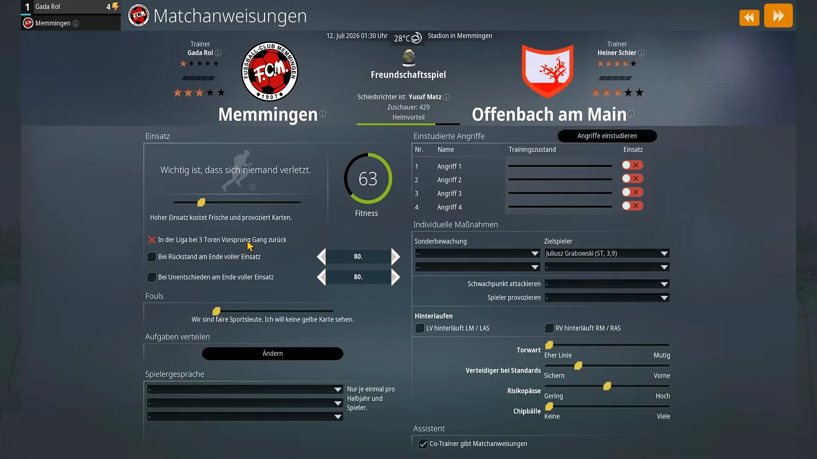 Match instructions panel in WE ARE FOOTBALL 2027 with the effort slider, a greyed-out three-goal league rule and full-commitment triggers at minute 80
