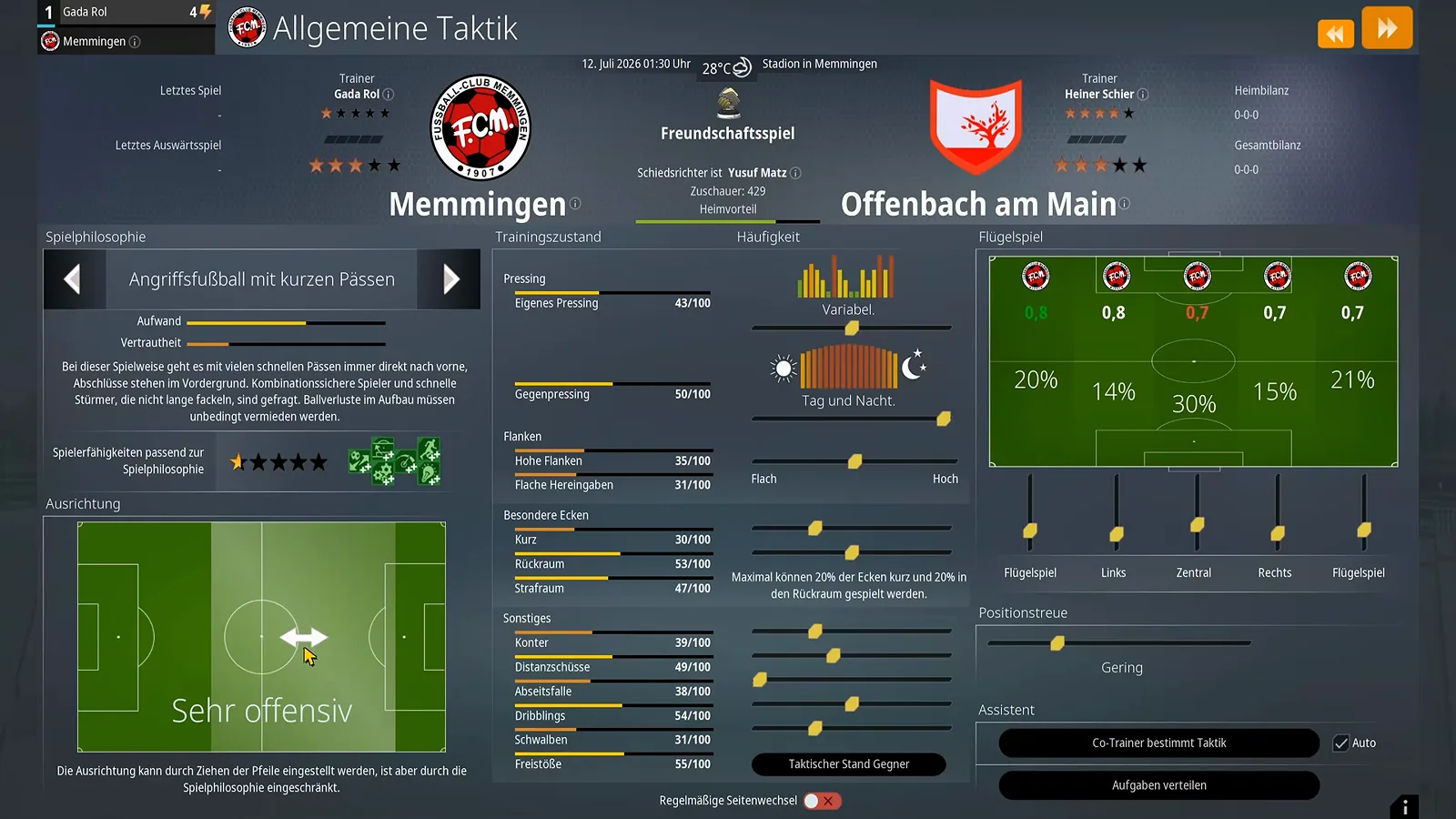 General tactics screen in WE ARE FOOTBALL 2027 with the attacking short-passing philosophy, a very offensive alignment arrow and Gegenpressing set to 50 of 100