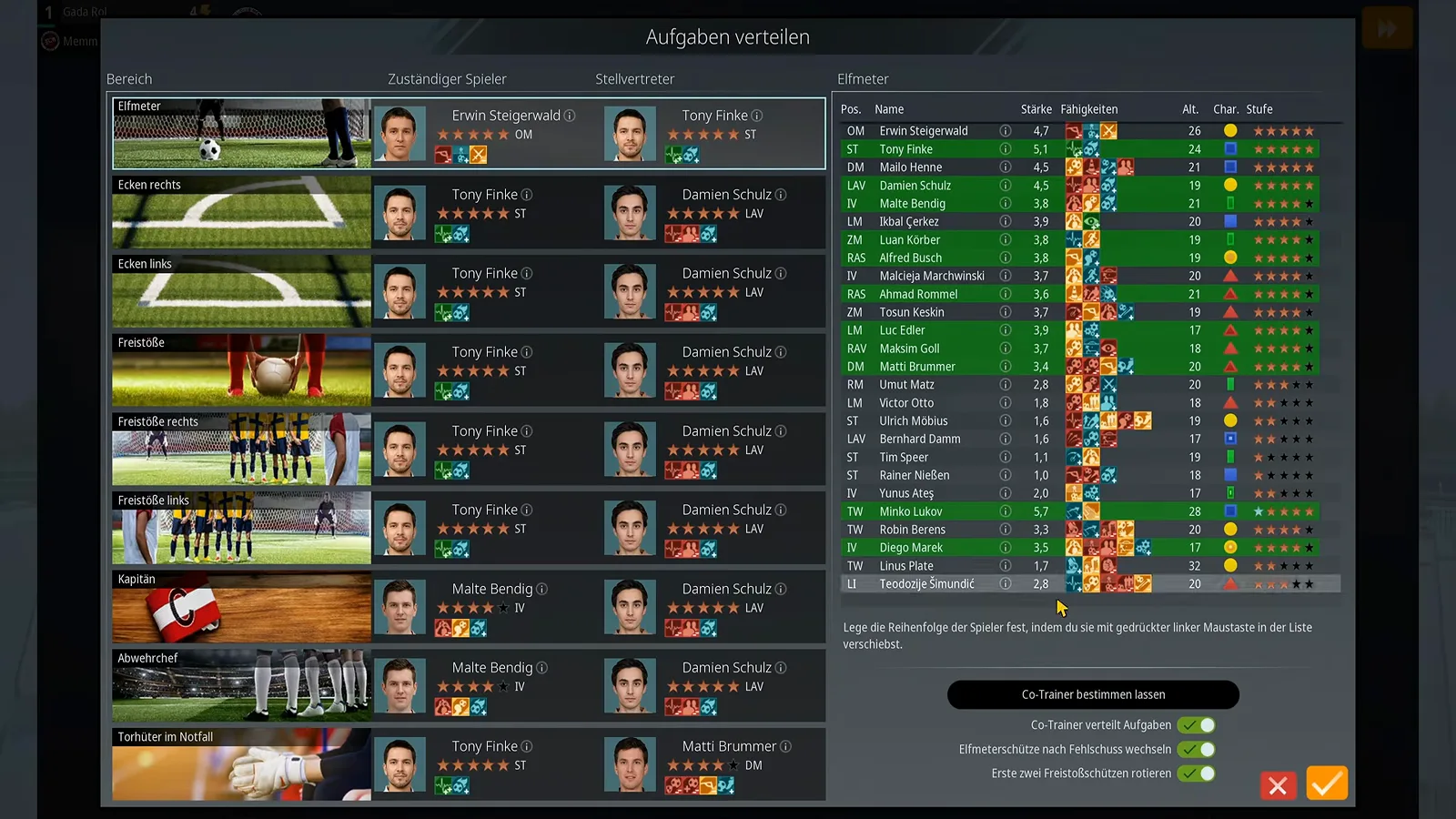 Set-piece assignment window in WE ARE FOOTBALL 2027 listing penalty, corner and free-kick takers with captain and emergency goalkeeper roles