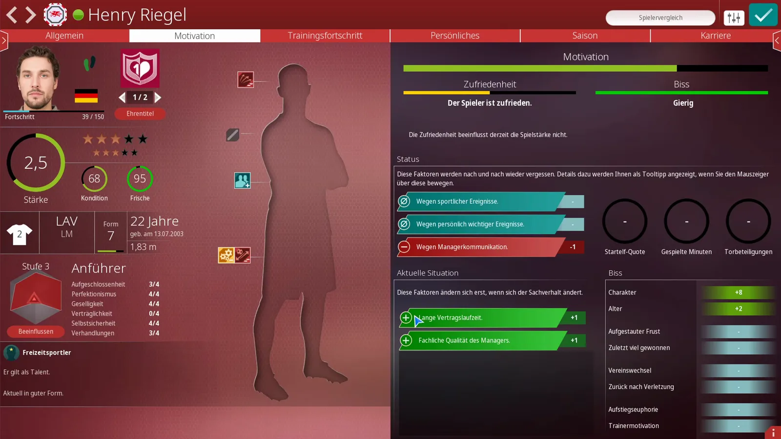 Motivation tab of a WE ARE FOOTBALL 2027 player dossier with the combined bar above the Zufriedenheit and Biss meters and the current status line