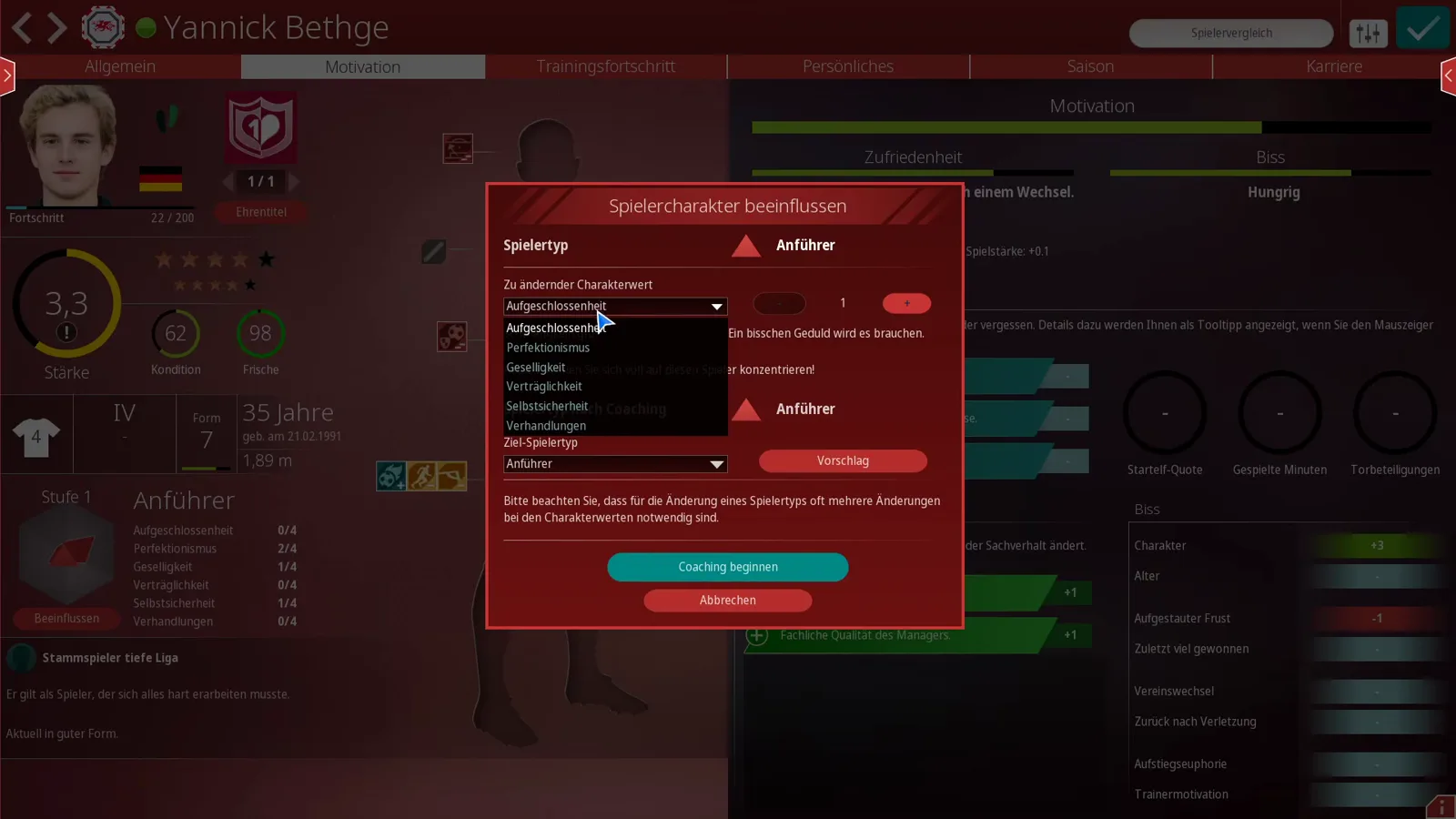 SpielerCharakter beeinflussen dialog in WE ARE FOOTBALL 2027 with a dropdown of character traits, the target type after coaching and a start coaching button
