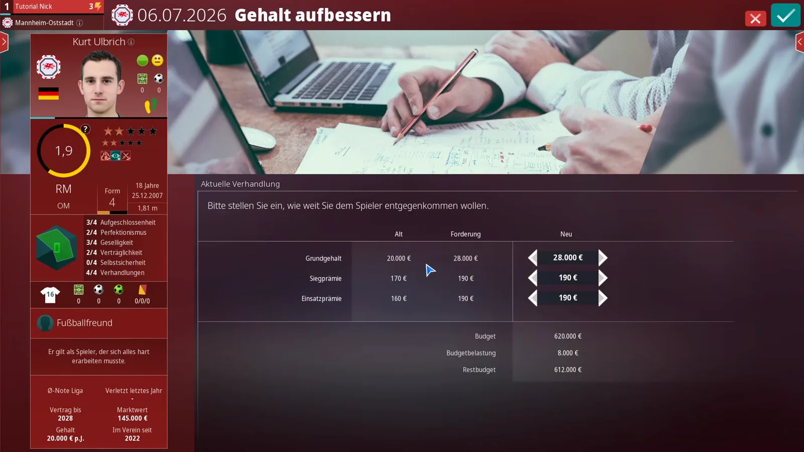Gehalt aufbessern negotiation window in WE ARE FOOTBALL 2027 comparing the old 20,000 euro base salary with the player's 28,000 euro demand plus bonus rows and remaining budget