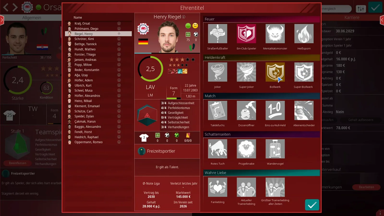 Bollwerk title unlocked for Henry Riegel Henry Riegel's Ehrentitel overlay in WE ARE FOOTBALL 2027 with the Bollwerk icon highlighted gold in the Heldenkraft row while most other titles stay grey