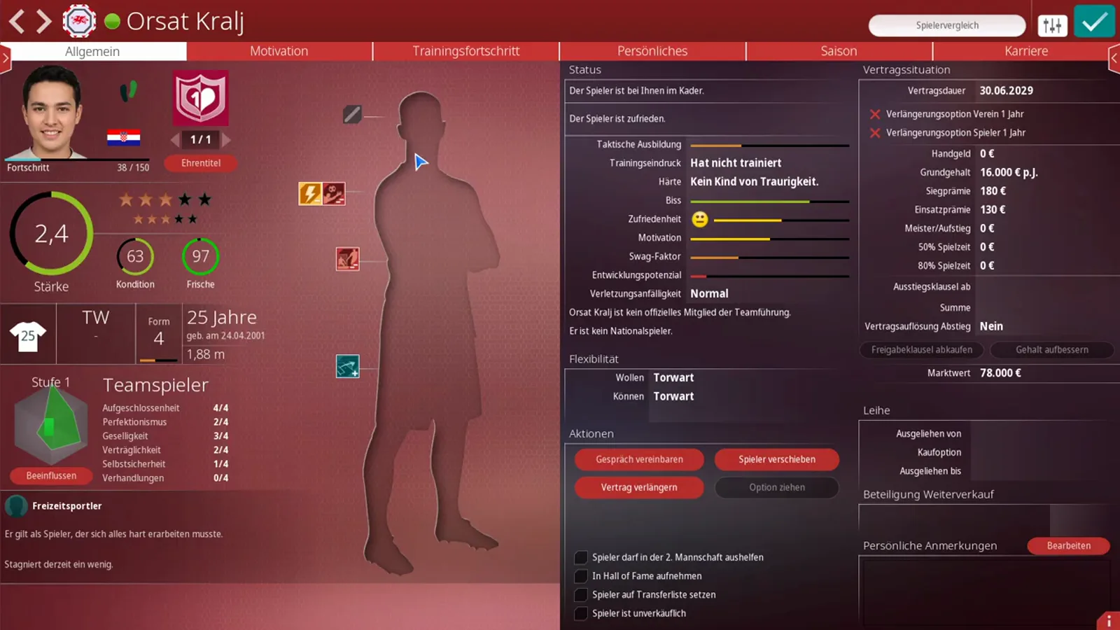 Player file overview in WE ARE FOOTBALL 2027 Orsat Kralj's player file in WE ARE FOOTBALL 2027 with the 2.4 strength ring, the 38/150 level progress bar, and the green Stufe 1 Teamspieler panel