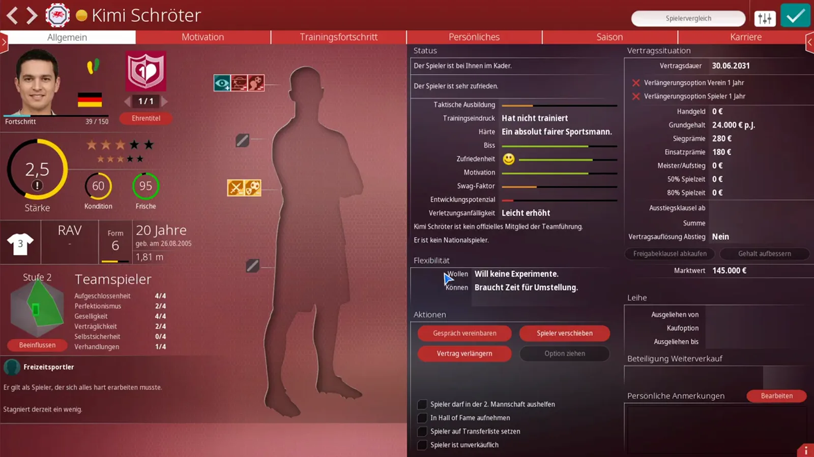 Flexibilität: Wollen and Können Kimi Schröter's player file in WE ARE FOOTBALL 2027 with the Flexibilität block reading Will keine Experimente and Braucht Zeit für Umstellung