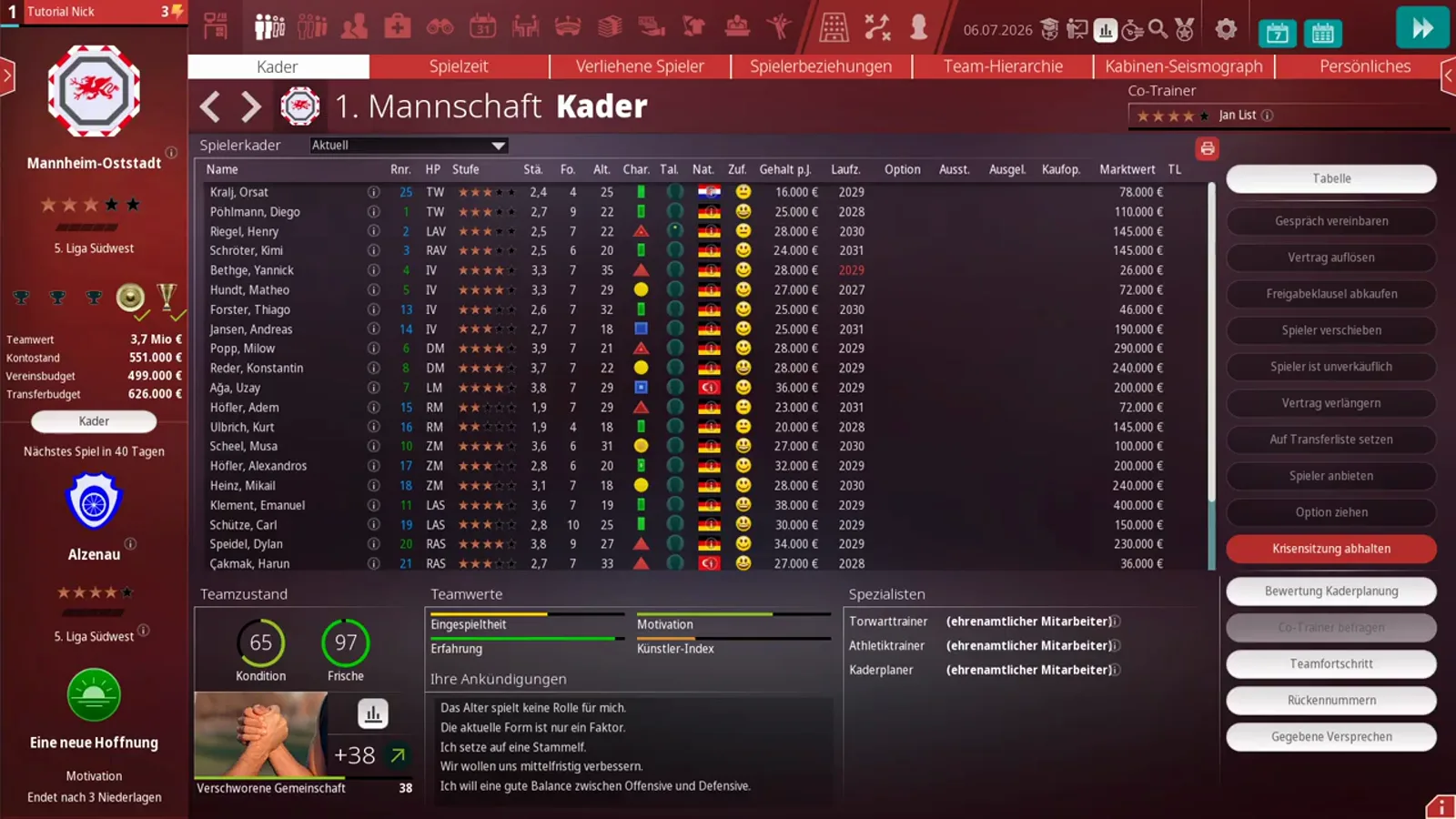 Squad list in WE ARE FOOTBALL 2027 Squad list view of 1. Mannschaft Kader in WE ARE FOOTBALL 2027, the table where every player row opens the file holding his type and role data