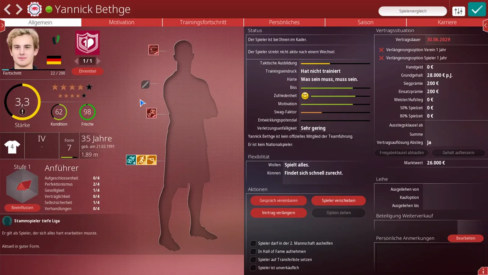 Veteran profile at 35 with warning marker 35-year-old centre-back Yannick Bethge in WE ARE FOOTBALL 2027 with an exclamation mark below the strength ring, four earned stars, and a red Stufe 1 Anführer panel