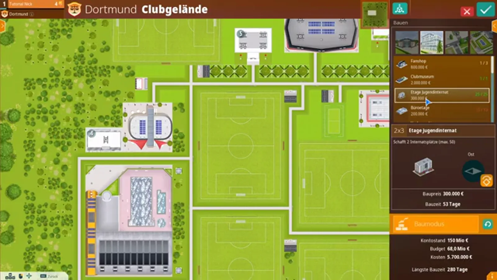 Clubgelände with the Etage Jugendinternat build panel Dortmund's Clubgelände in WE ARE FOOTBALL 2027 with the Etage Jugendinternat floor selected in the build menu, its panel reading Schafft 2 Internatsplätze (max. 50) at 300,000 euro and 53 days per floor, and the project totals of 5,700,000 euro and 280 days set against a 68 million budget at the bottom