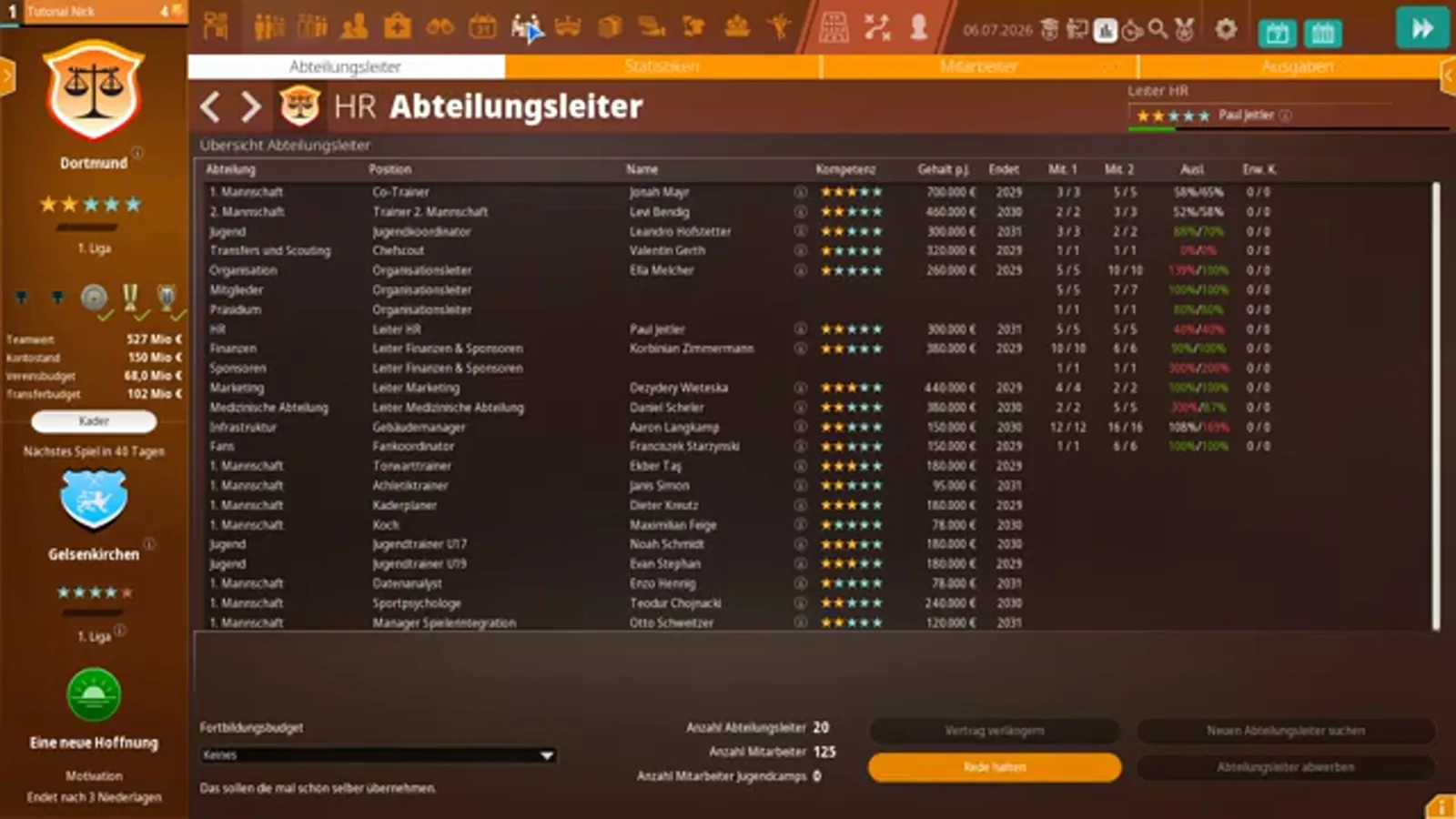 HR Abteilungsleiter table with the Jugendkoordinator row The HR Abteilungsleiter table in WE ARE FOOTBALL 2027 listing every department head by department and name, with the Jugend row for the Jugendkoordinator between the second-team coach and the chief scout, and the Jugendtrainer U17 and U19 rows further down the list
