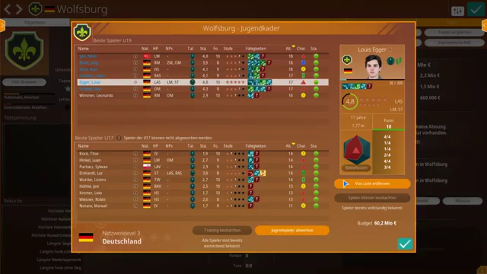 Wolfsburg Jugendkader popup with both age tables The Wolfsburg Jugendkader popup in WE ARE FOOTBALL 2027 with the best-U19 and best-U17 tables, the note that U17 players cannot be poached, the highlighted 17-year-old outlier card on the right and the Training beobachten and Jugendspieler abwerben buttons at the bottom