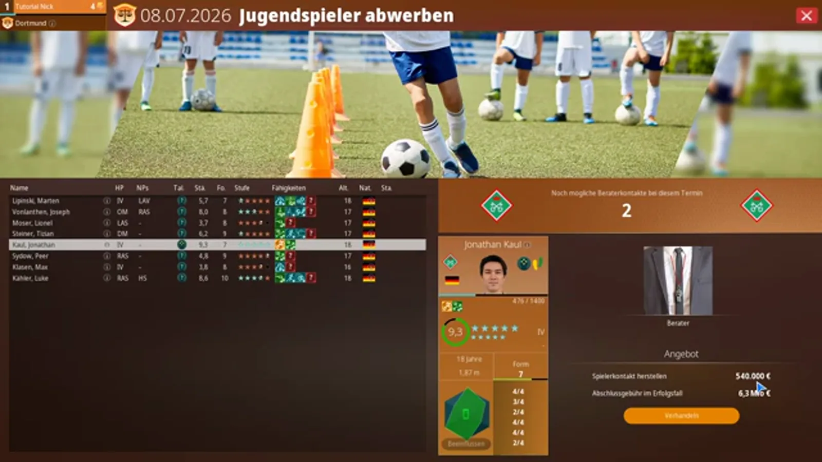 Jugendspieler abwerben screen with the agent's offer and fees The Jugendspieler abwerben screen in WE ARE FOOTBALL 2027 for an 18-year-old centre-back with a strength of 9.3, the youth list on the left, the player card and his suited Berater on the right, and the Angebot panel listing the 540,000 euro contact fee and the 6,3 Mio € closing fee due on success
