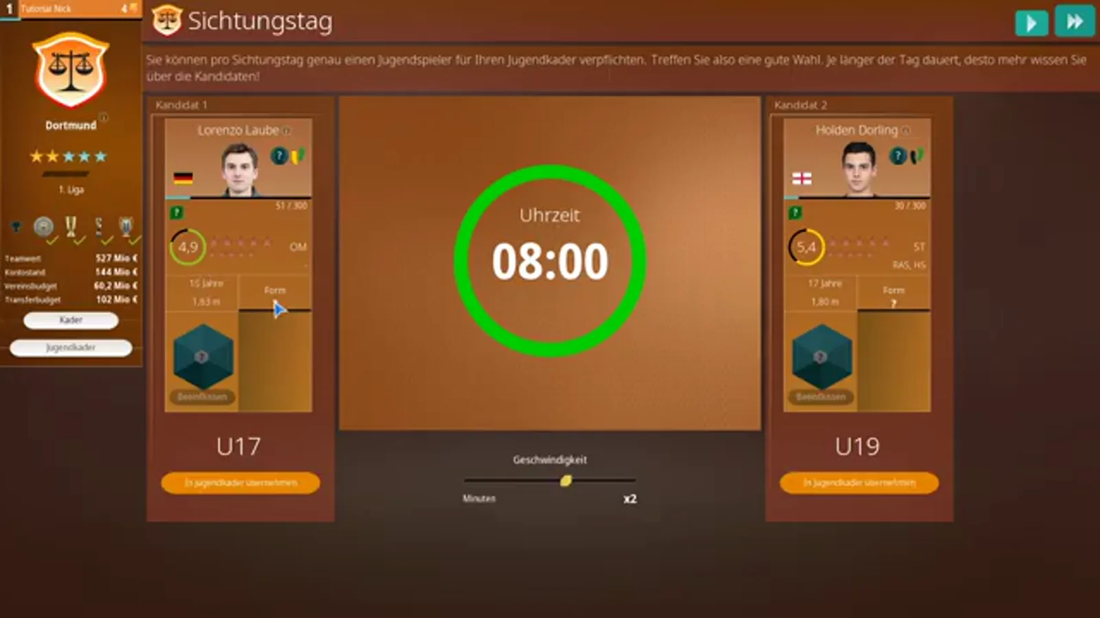 Sichtungstag event with U17 and U19 candidates The Sichtungstag event card in WE ARE FOOTBALL 2027, one U17 and one U19 youth candidate on either side of a green Uhrzeit dial stopped at 08:00, with the Geschwindigkeit speed slider for the scouting day underneath