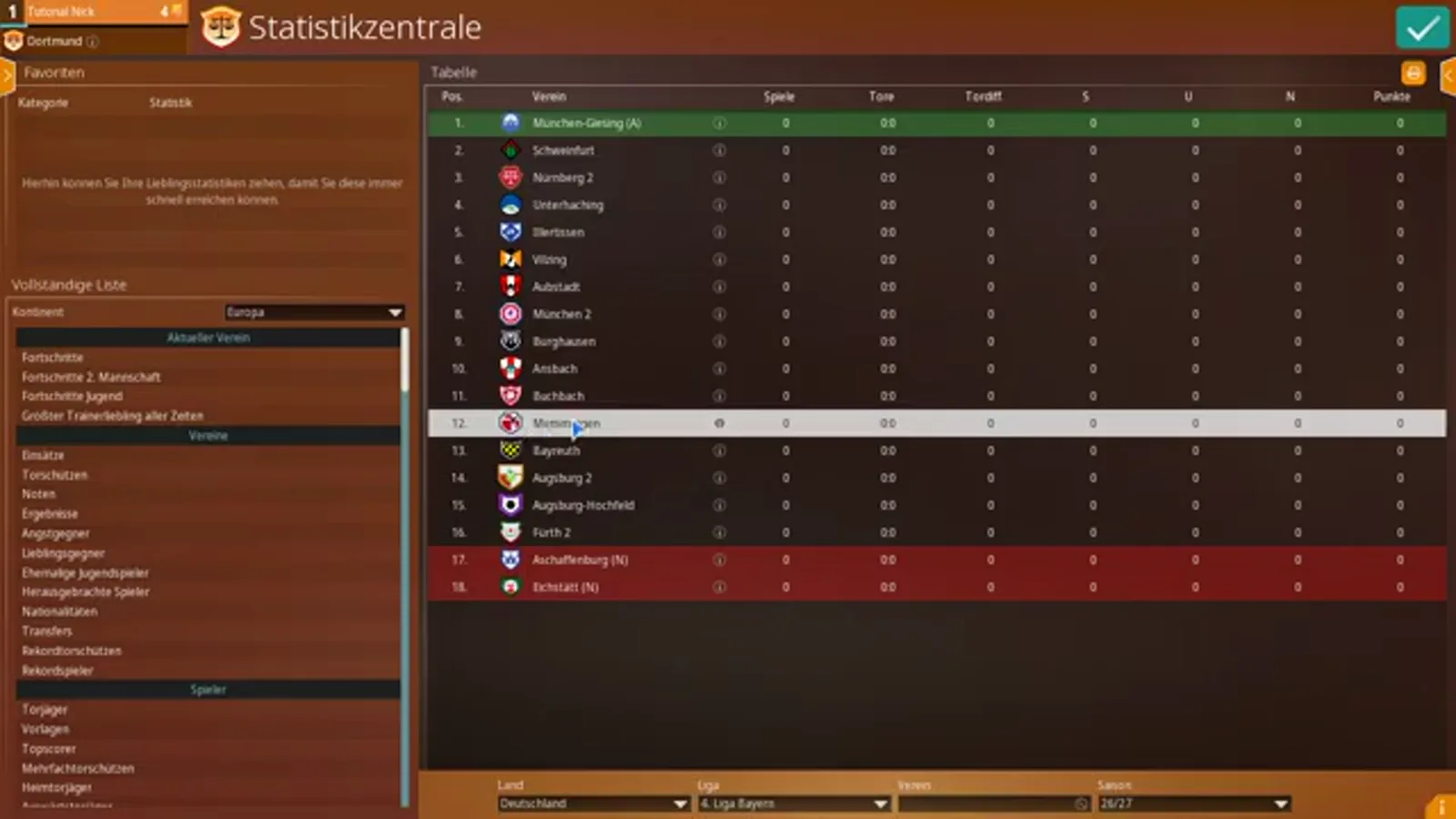 Statistikzentrale league table filtered to the 4. Liga Bayern The Statistikzentrale in WE ARE FOOTBALL 2027 filtered to Germany's 4. Liga Bayern, the league table with promoted sides marked green and relegation places marked red, and the Memmingen row highlighted in the middle of the table