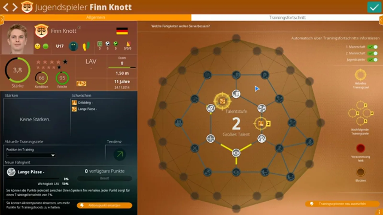 Jugendspieler profile with the Talentbaum hexagon web open The Jugendspieler profile of Finn Knott in WE ARE FOOTBALL 2027, a left-back with a strength of 3.8, with his Talentbaum hexagon web open around a core rated 2 and the current training focus and skills listed on the left