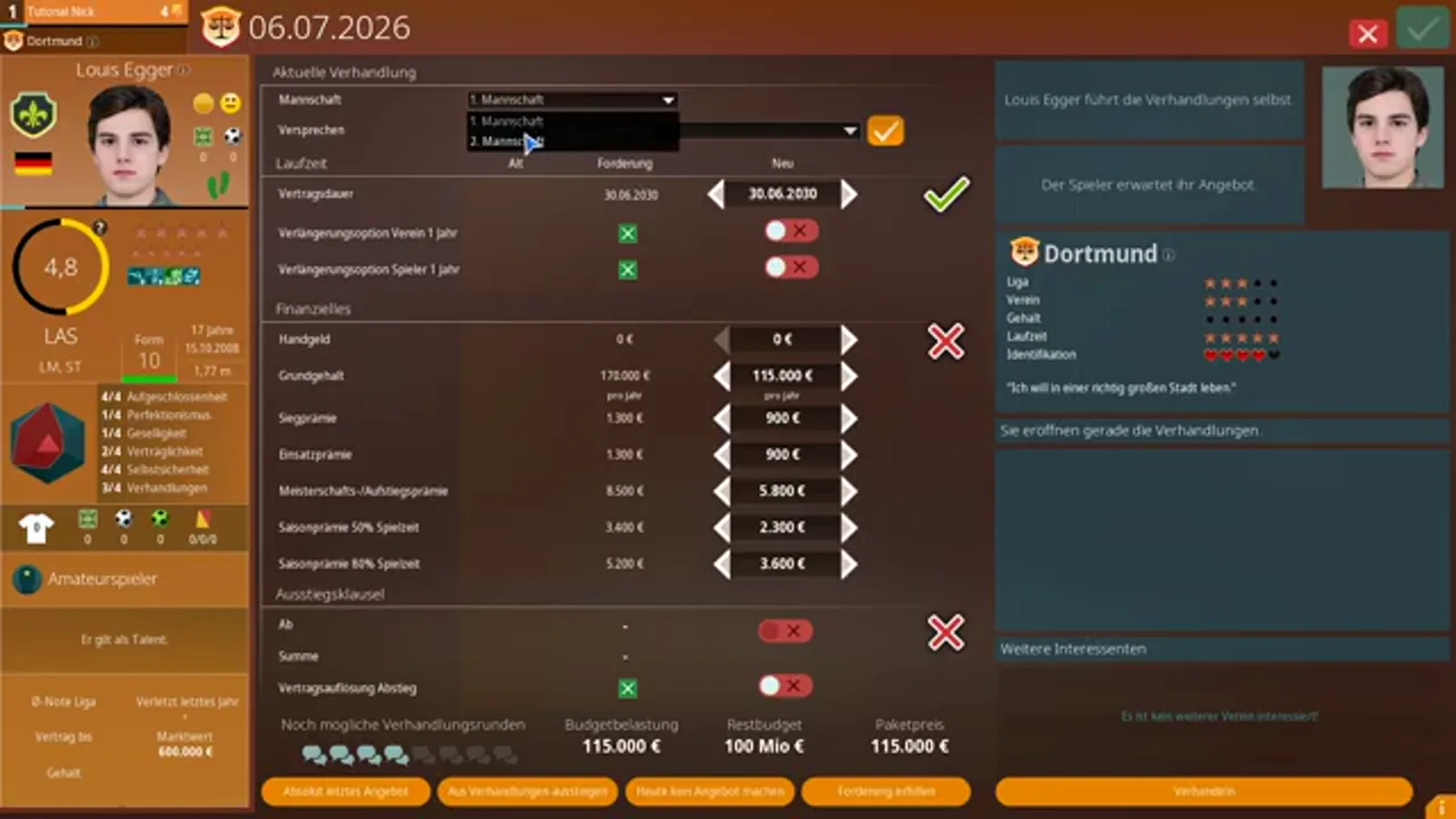Contract negotiation screen for a poached youth player A contract negotiation in WE ARE FOOTBALL 2027 for a 17-year-old amateur left winger, wage and bonus rows with accept-reject toggles down the middle, the squad dropdown set to 1. Mannschaft at the top and the note that Louis Egger conducts the negotiations himself on the right