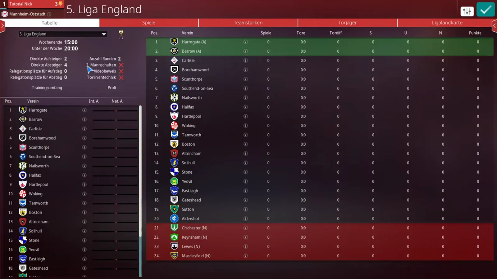 England's 5. Liga table in WE ARE FOOTBALL 2027, its 24 clubs running from Harrogate to Macclesfield, while the left-hand settings panel crosses out 2. Mannschaften with a red X