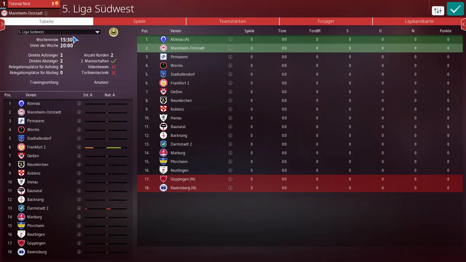 5. Liga Südwest table in WE ARE FOOTBALL 2027 with Frankfurt 2 in sixth and Darmstadt 2 in thirteenth place, and the league settings panel on the left marking 2. Mannschaften with a green check