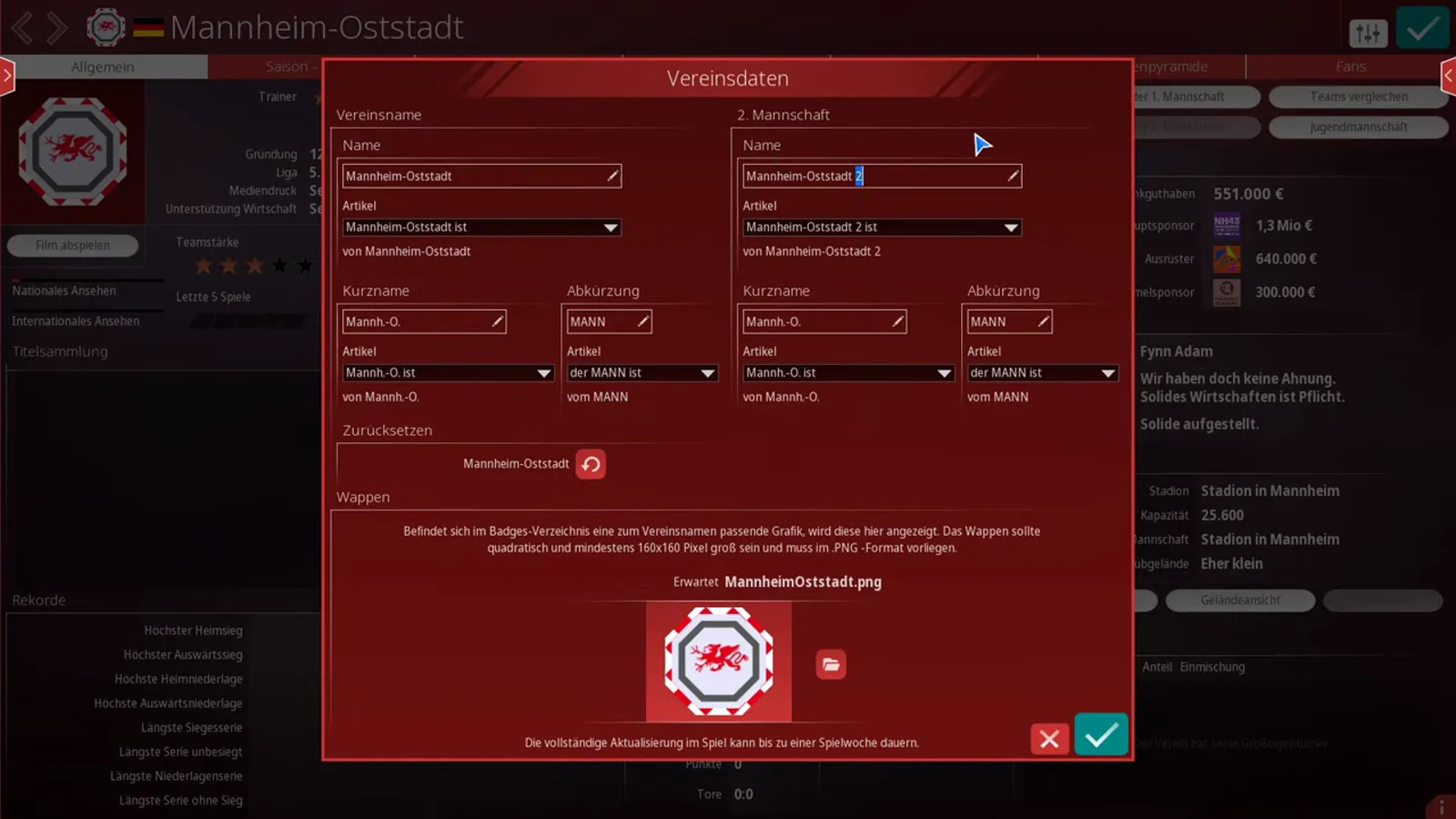 Vereinsdaten dialog of WE ARE FOOTBALL 2027 showing the 2. Mannschaft name field with the edited entry Mannheim-Oststadt 2 beside the main club name, plus Kurzname, Abkürzung and the Wappen section below