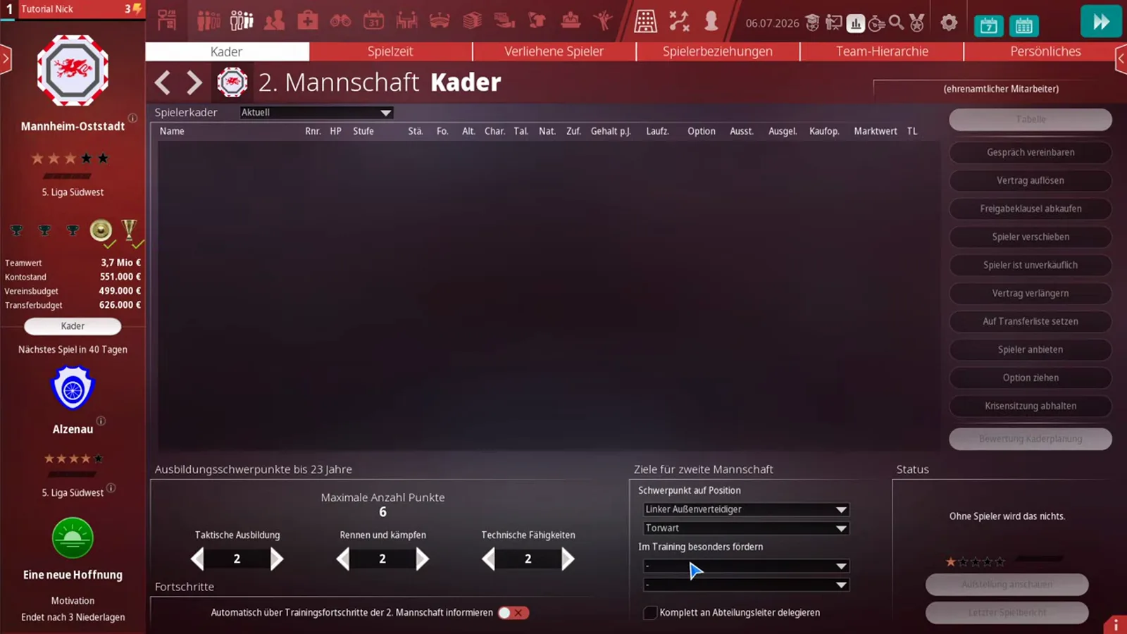The second team's squad screen in WE ARE FOOTBALL 2027: six tabs from Kader to Persönliches run across the top, the player list is empty, and the Status panel at bottom right lights one of five stars