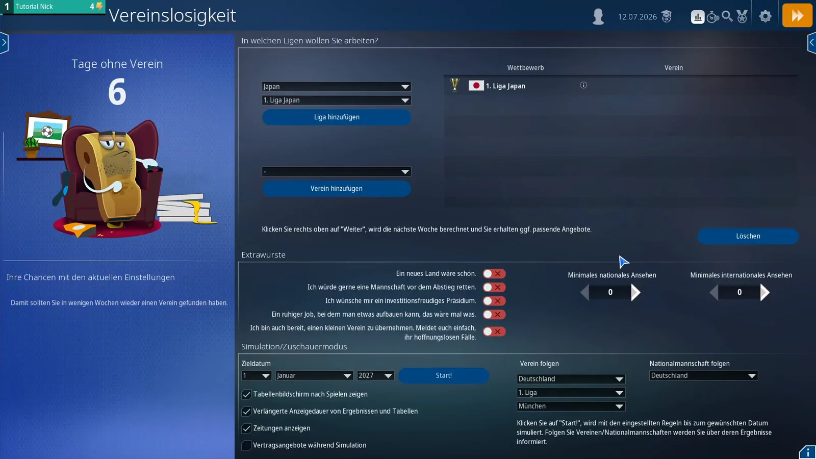 Vereinslosigkeit screen after six simulated days with the Tage ohne Verein counter at 6, Verein folgen set to Deutschland, 1. Liga and München and Nationalmannschaft folgen set to Deutschland