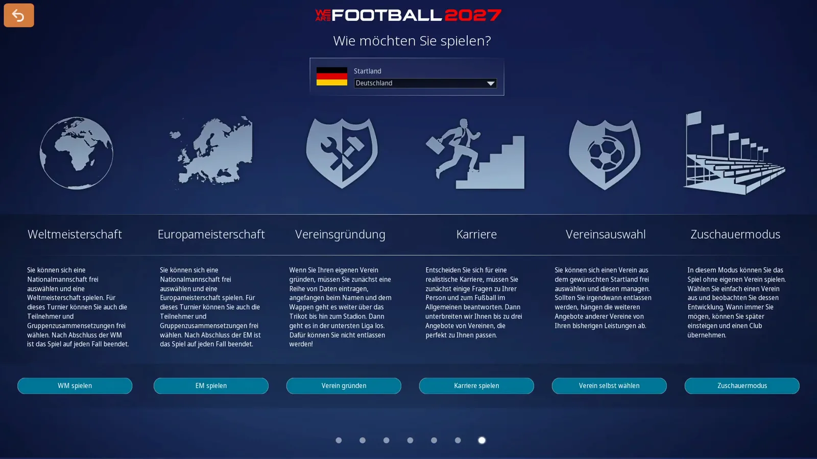 Wie möchten Sie spielen? screen in WE ARE FOOTBALL 2027 showing the six career cards Weltmeisterschaft, Europameisterschaft, Vereinsgründung, Karriere, Vereinsauswahl and Zuschauermodus above the Startland selection