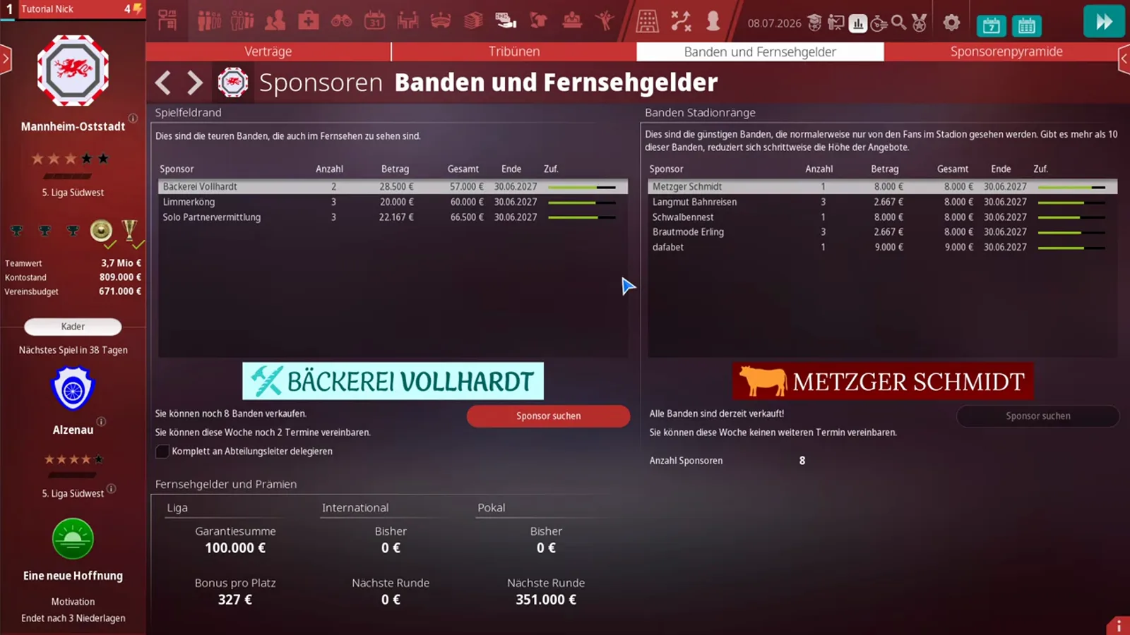 Sponsoren Banden und Fernsehgelder screen in WE ARE FOOTBALL 2027 listing Baeckerei Vollhardt at €28,500 per pitch-side board in the Spielfeldrand table, the cheaper Banden Stadionrang deals led by Metzger Schmidt and the Fernsehgelder und Prämien block with a €100,000 guarantee, €327 per place and €351,000 for the next cup round