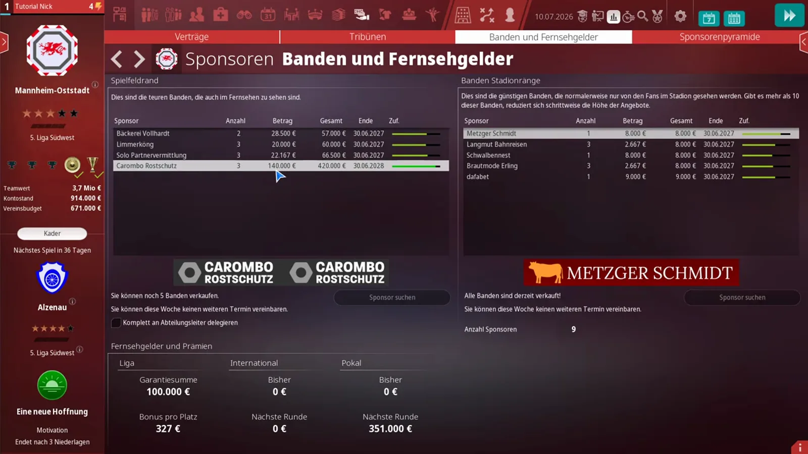 Banden und Fernsehgelder screen in WE ARE FOOTBALL 2027 after the signature with the new Carombo Rostschutz row of three boards at €140,000 each for €420,000 until 30.06.2028 and the two Carombo Rostschutz board logos below