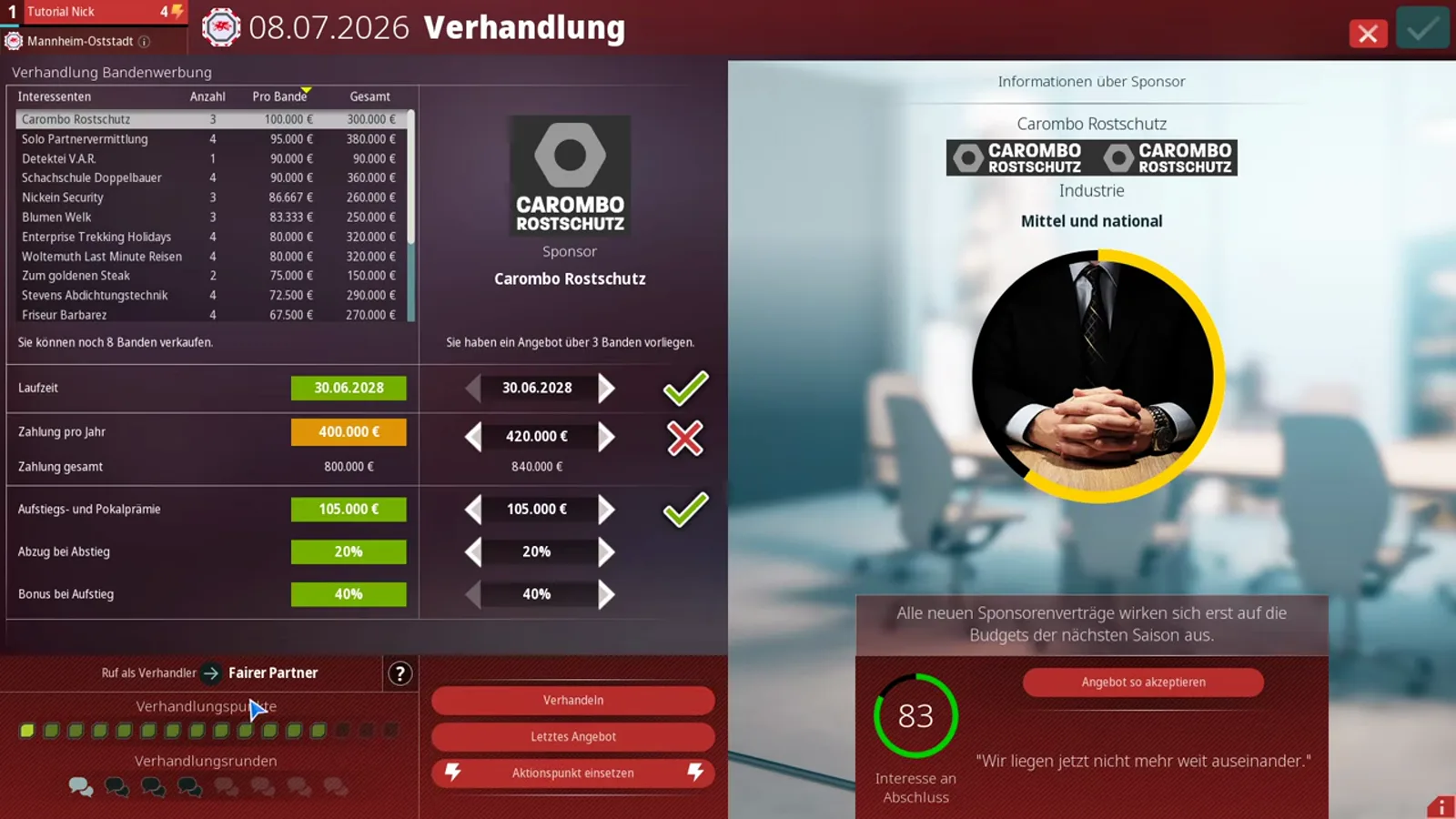 Final gap in the WE ARE FOOTBALL 2027 negotiation window: the sponsor's orange €400,000 offer against the manager's €420,000 demand beneath the caption Wir liegen jetzt nicht mehr weit auseinander, every other term green-checked