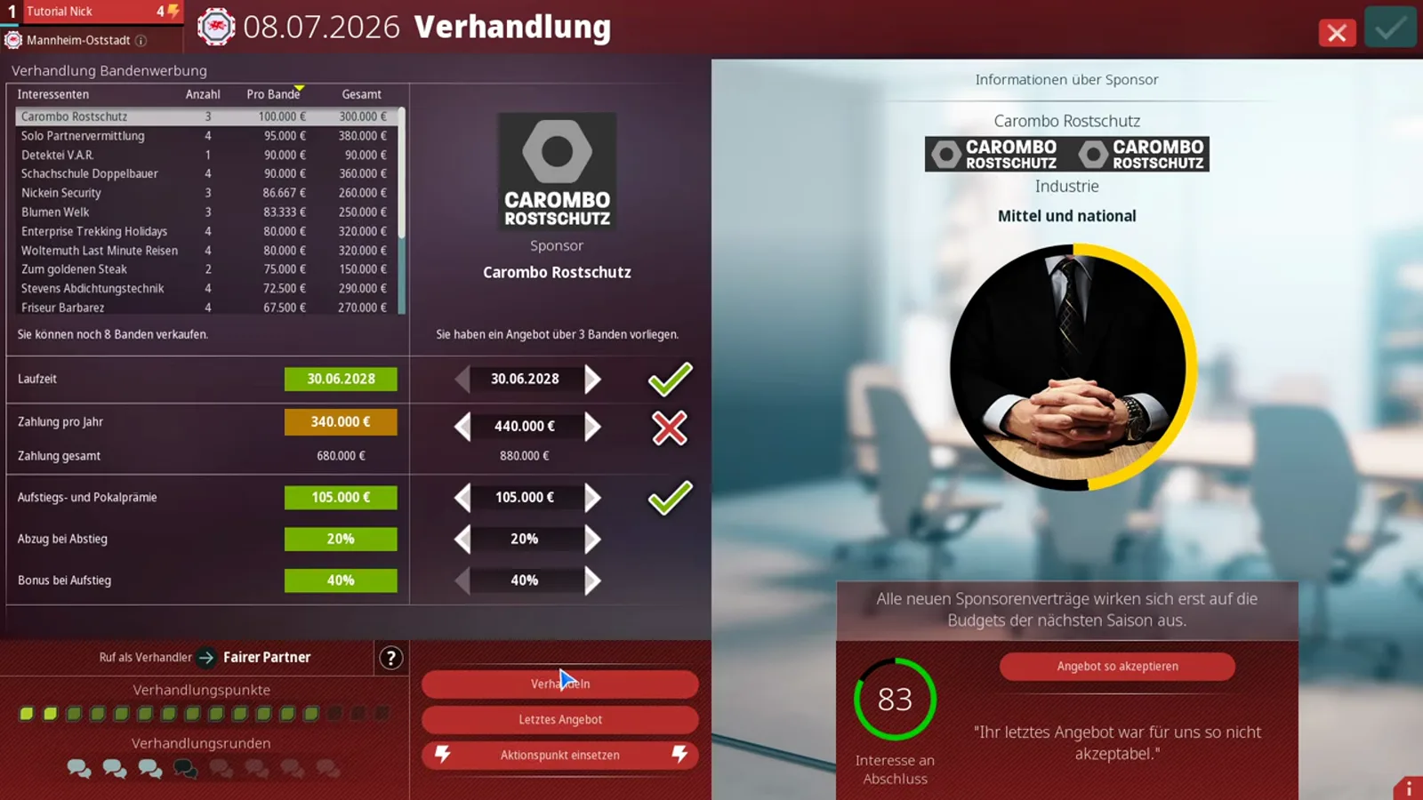 Zahlung pro Jahr escalated to €440,000 in the WE ARE FOOTBALL 2027 negotiation window, answered by the sponsor's orange €340,000 counter and a red cross as the portrait ring turns yellow under the note Ihr letztes Angebot war für uns so nicht akzeptabel