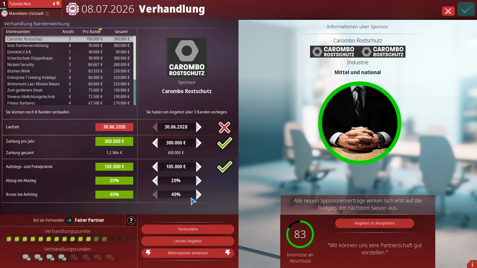 Laufzeit row contested in the WE ARE FOOTBALL 2027 negotiation window: the manager's counter-offer 30.06.2028 sits beside the sponsor's red 30.06.2030 marked with a red cross while Zahlung gesamt halves to €600,000