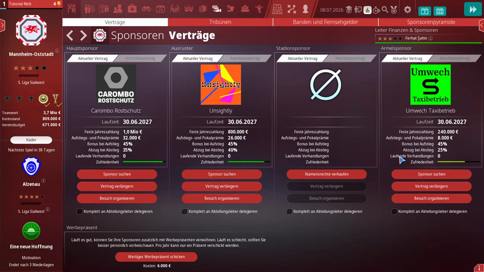 Sponsoren Verträge screen in WE ARE FOOTBALL 2027 showing the four sponsor slots Hauptsponsor, Ausrüster, Stadionssponsor and Armelsponsor with Carombo Rostschutz paying €1.0 million a year, an empty Stadionssponsor slot offering Namensrechte verkaufen and the Werbepräsent strip at the bottom advertising gifts for €6,000