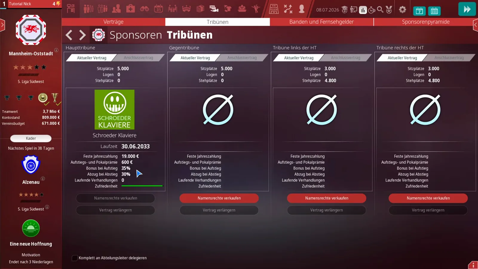 Sponsoren Tribünen screen in WE ARE FOOTBALL 2027 with Schroeder Klaviere contracted on the Haupttribüne until 30.06.2033 for €19,000 a year while Gegentribüne and both side stands wait with red Namensrechte verkaufen buttons