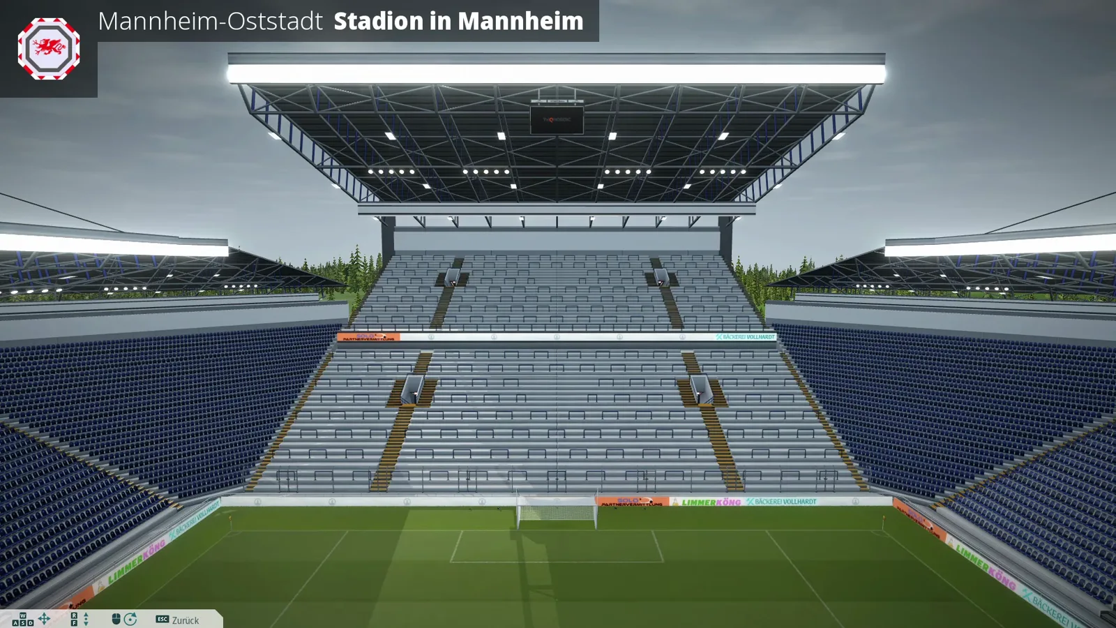 3D-Ansicht des ausgebauten Tribünen-Dachs mit Lichtleiste und Werbebanden rund ums Spielfeld in WE ARE FOOTBALL 2027