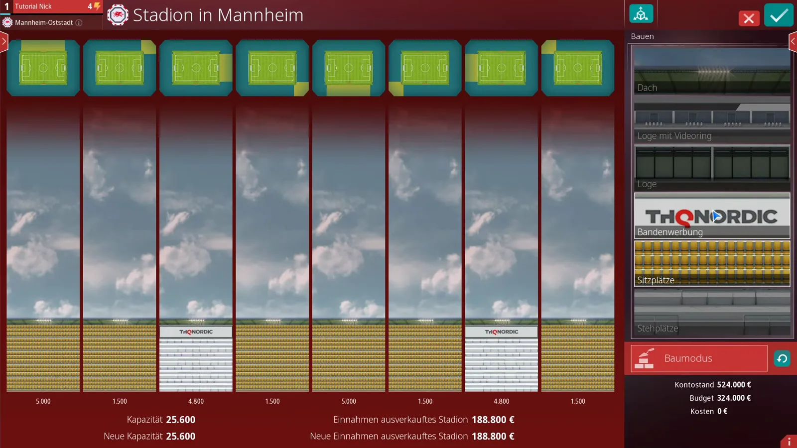Blockplaner in WE ARE FOOTBALL 2027 mit der Bau-Palette für Dach, Logen, Bandenwerbung, Sitz- und Stehplätze