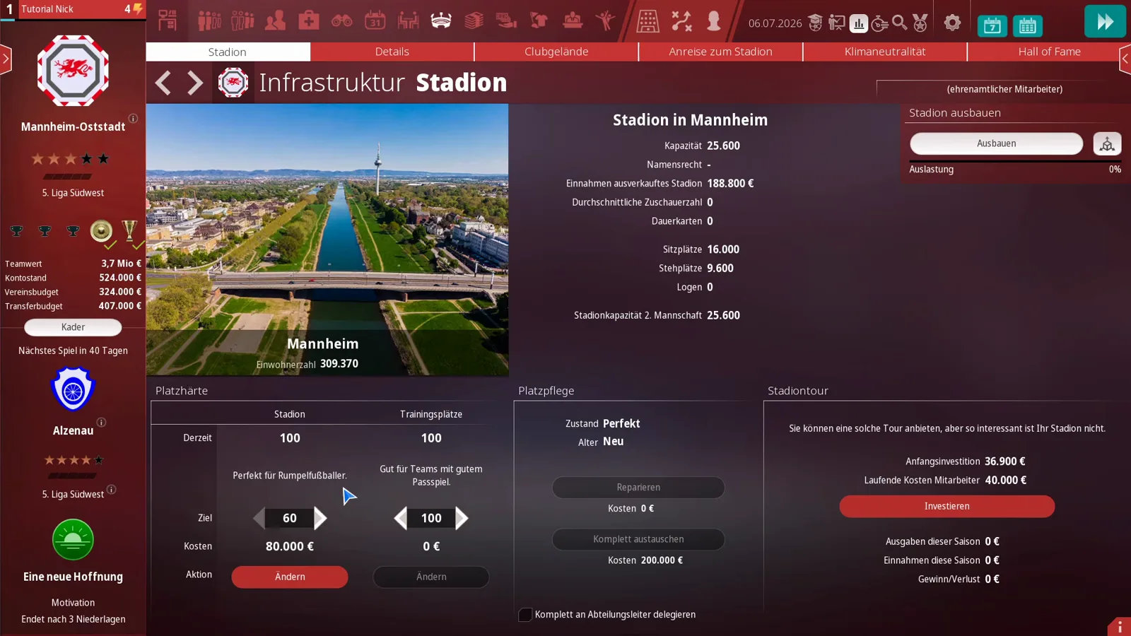 Platzhärte-Fenster im WE ARE FOOTBALL 2027 Stadion-Reiter mit getrennten Zielwerten für Stadion und Trainingsplätze