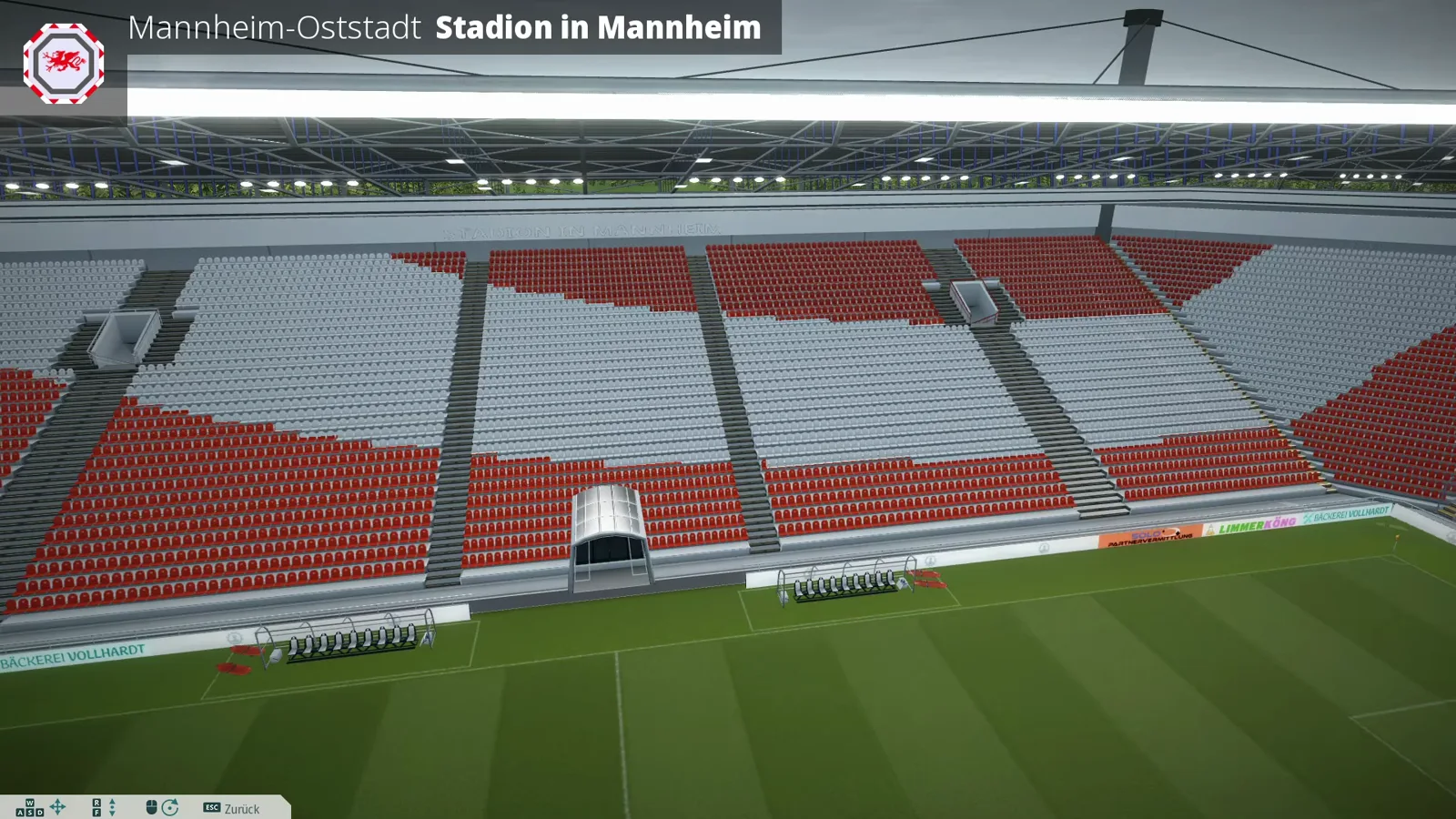 Rot-weißes Sitzmuster auf allen Tribünen in der Stadionvorschau von WE ARE FOOTBALL 2027