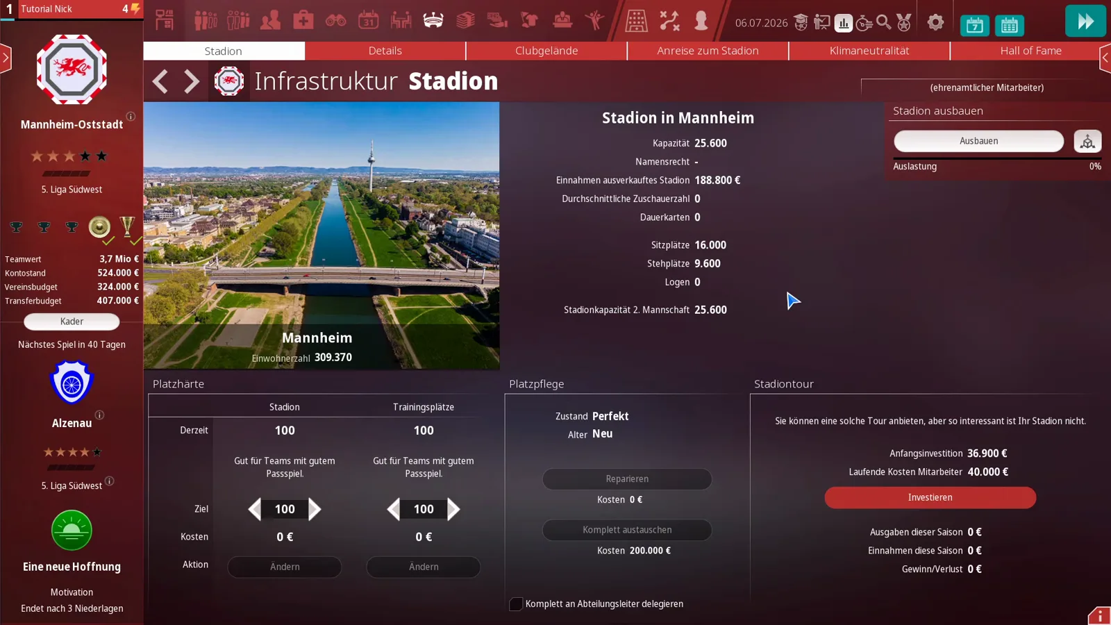 Stadion-Übersicht in WE ARE FOOTBALL 2027 mit Kapazität 25.600, Einnahmen von 188.800 € bei ausverkauftem Haus und der Aufteilung von Sitz- und Stehplätzen