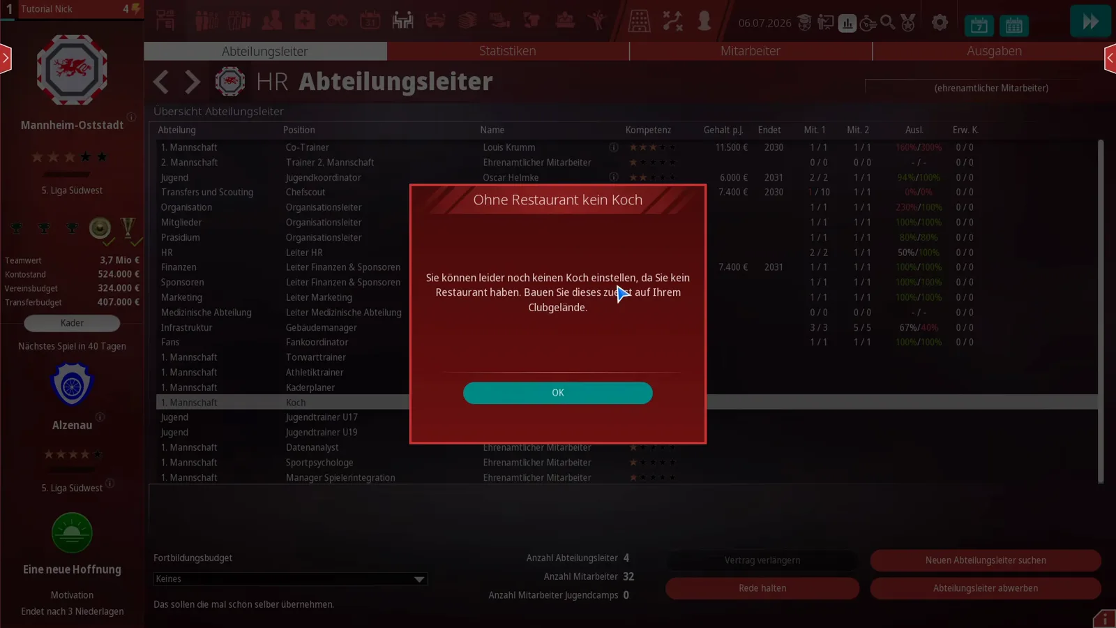Ohne Restaurant kein Koch dialog box in WE ARE FOOTBALL 2027, explaining that a cook cannot be hired until a restaurant exists on the club grounds